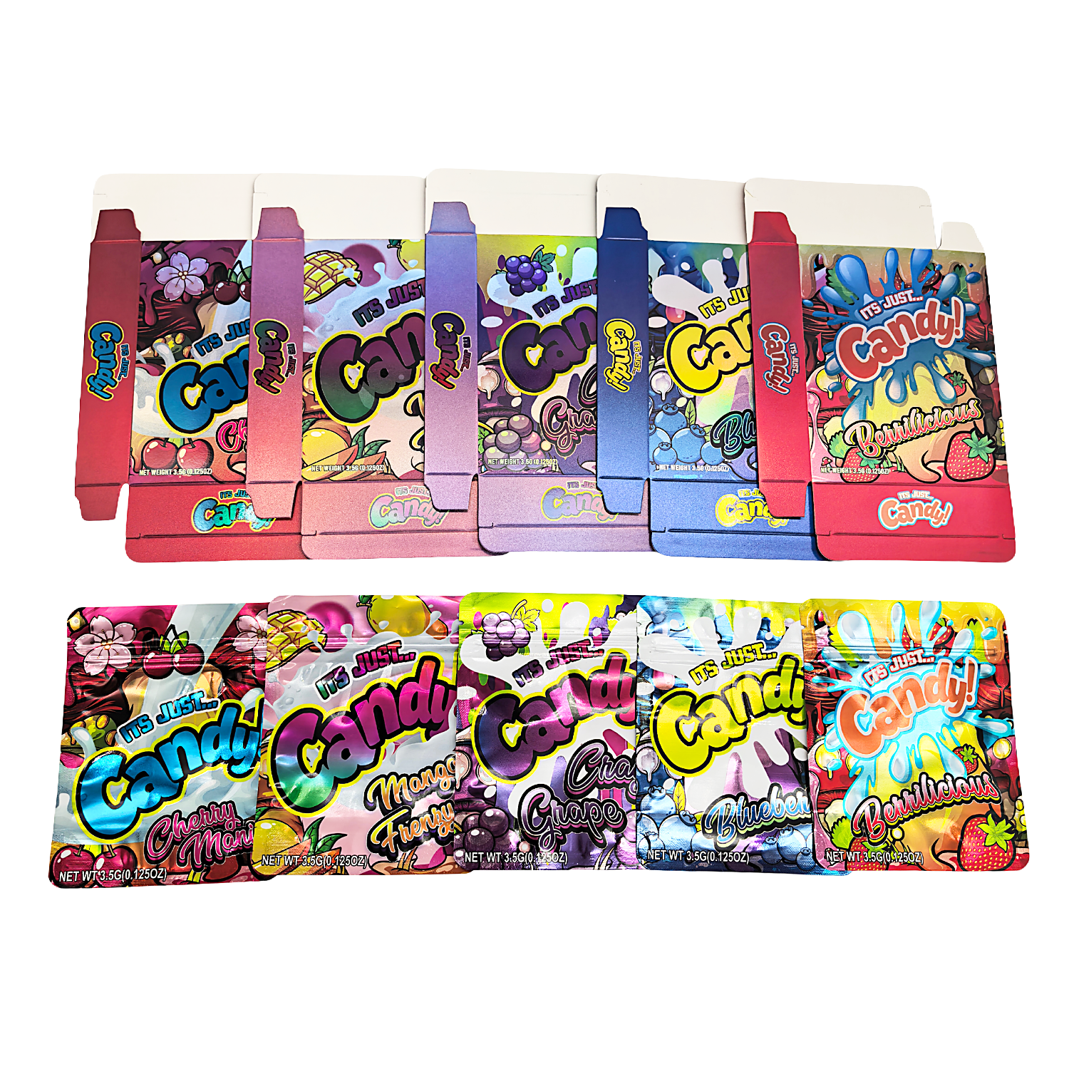 25 Pack – 3.5g Shaped Mylar Bags & Boxes Set (5 Design Mix) Its Just Candy Volume 1 – BNBM-CC1