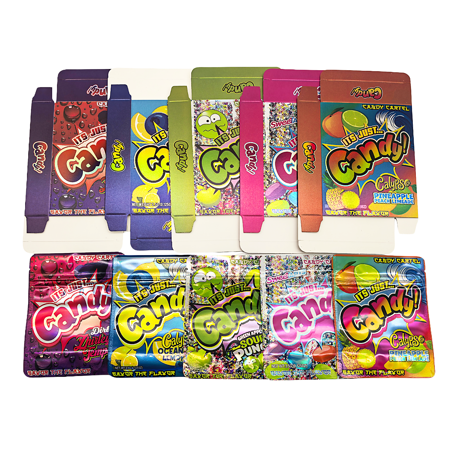 25 Pack – 3.5g Shaped Mylar Bags & Boxes Set (5 Design Mix) Its Just Candy Volume 2 – BNBM-CC2