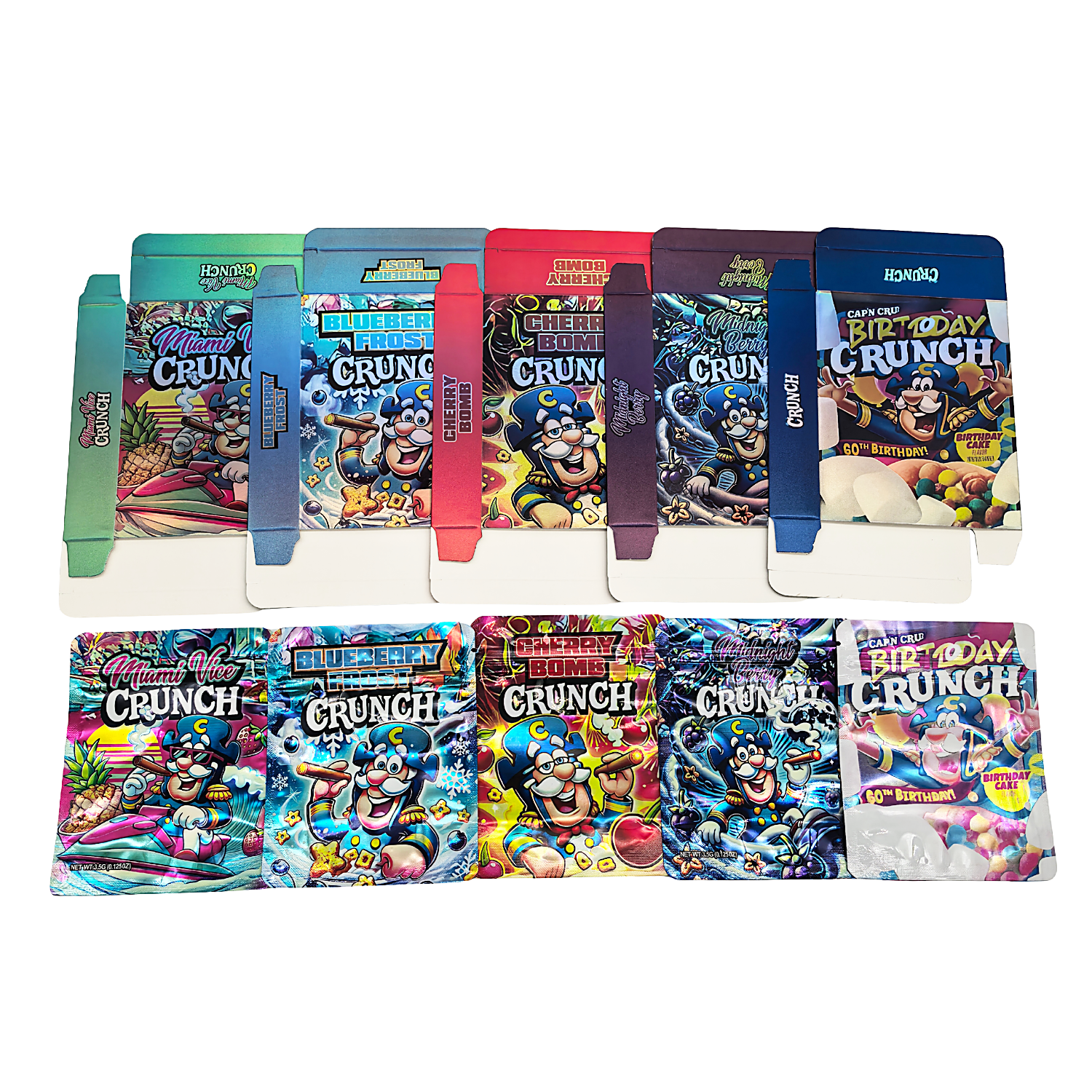25 Pack – 3.5g Shaped Mylar Bags & Boxes Set (5 Design Mix) Capt. Crunch – BNBM-CRUNCH