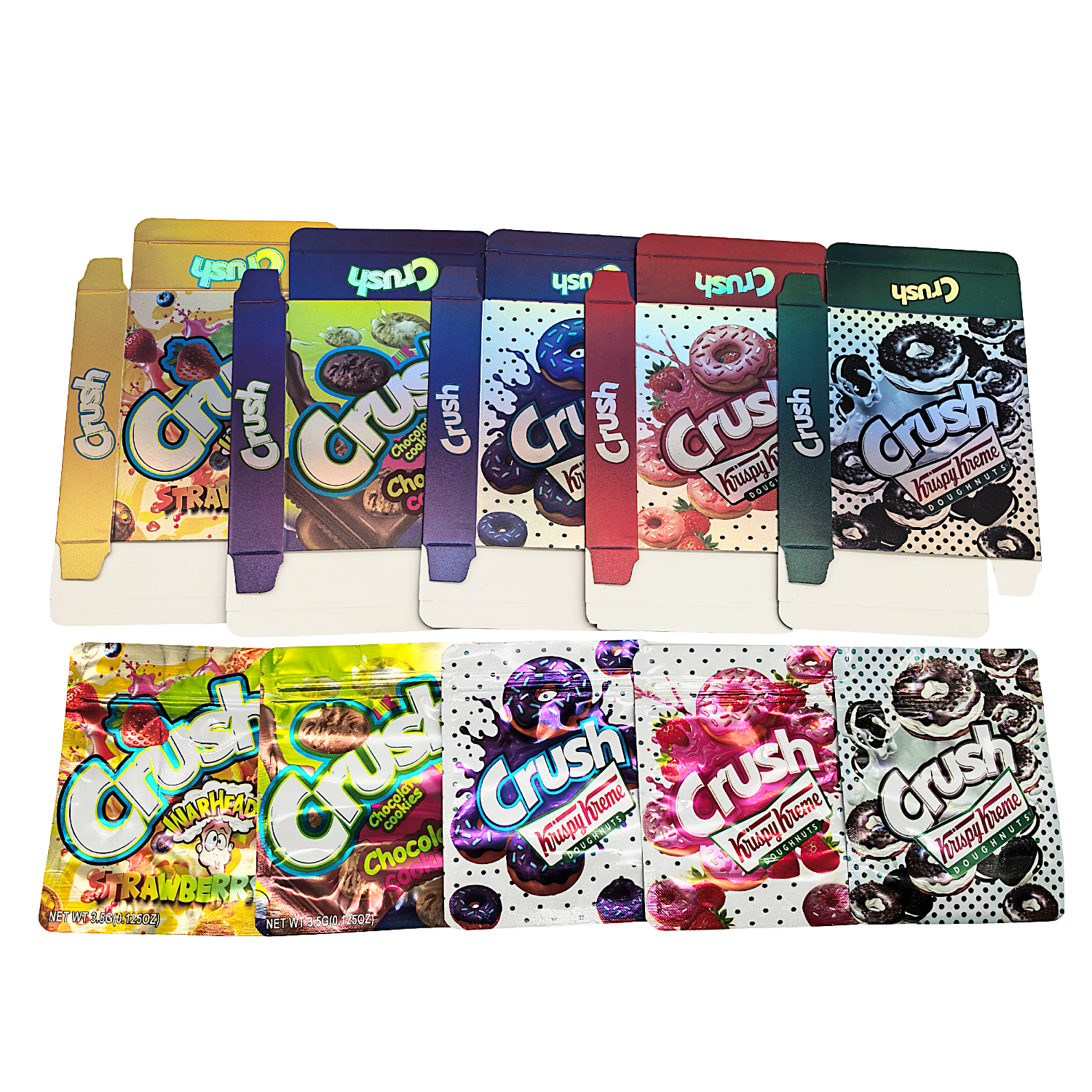 25 Pack – 3.5g Shaped Mylar Bags & Boxes Set (5 Design Mix) Crush Flavors – BNBM-CRUSH1