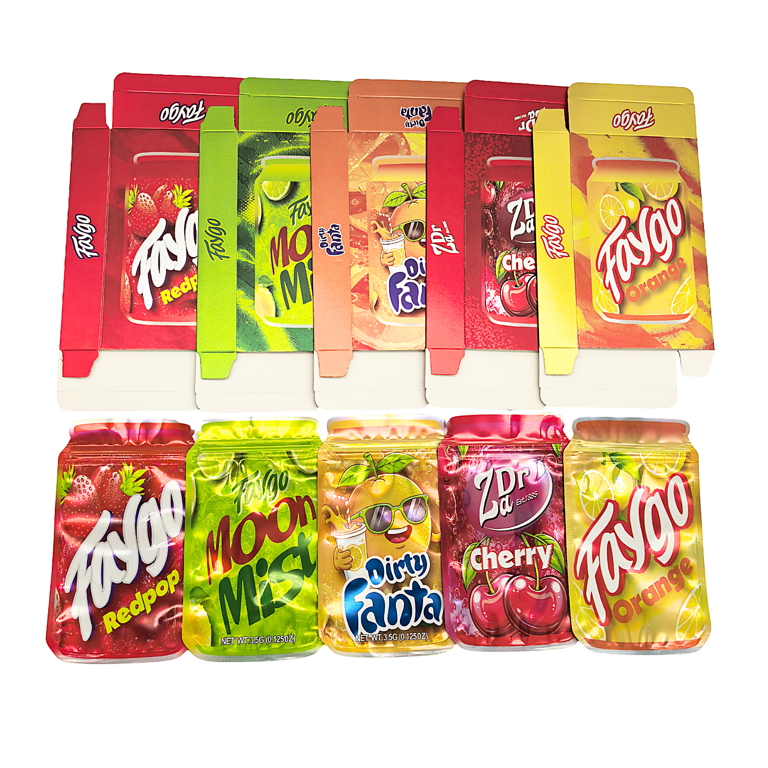 25 Pack – 3.5g Shaped Mylar Bags & Boxes Set (5 Design Mix) Faygo Sodas – BNBM-CSWM