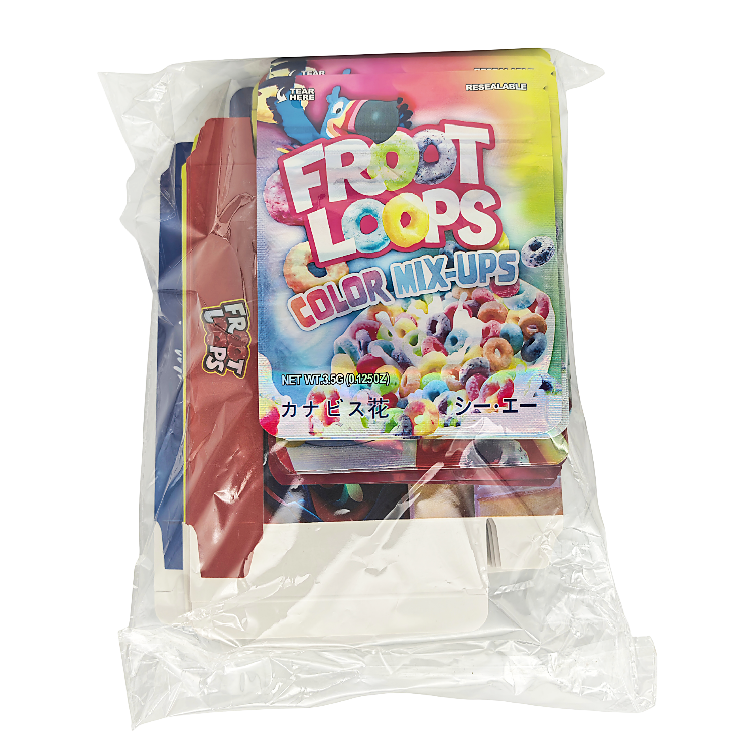 25 Pack – 3.5g Shaped Mylar Bags & Boxes Set (5 Design Mix) Froot Loops Flavors – BNBM-FROOT