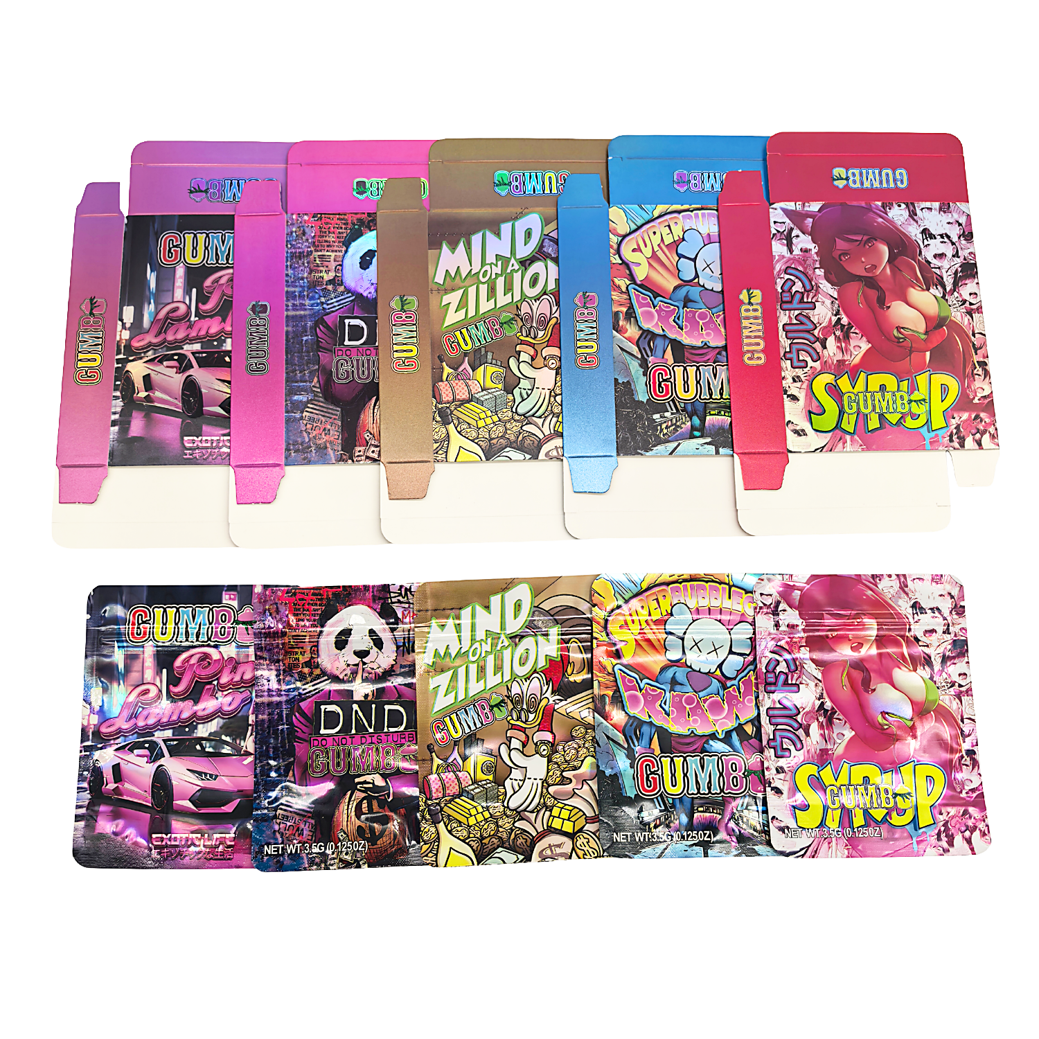 25 Pack – 3.5g Shaped Mylar Bags & Boxes Set (5 Design Mix) Gumbo Styles 1 – BNBM-GUMBO1