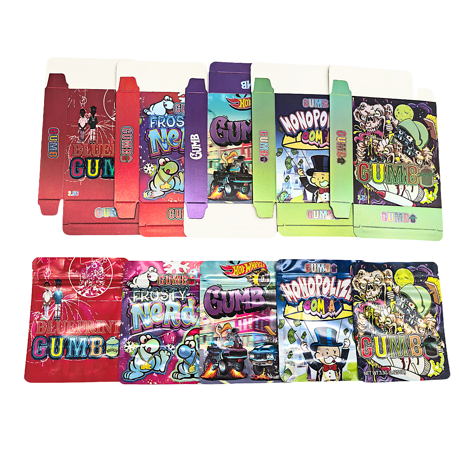 25 Pack – 3.5g Shaped Mylar Bags & Boxes Set (5 Design Mix) Gumbo Styles 2 – BNBM-GUMBO2