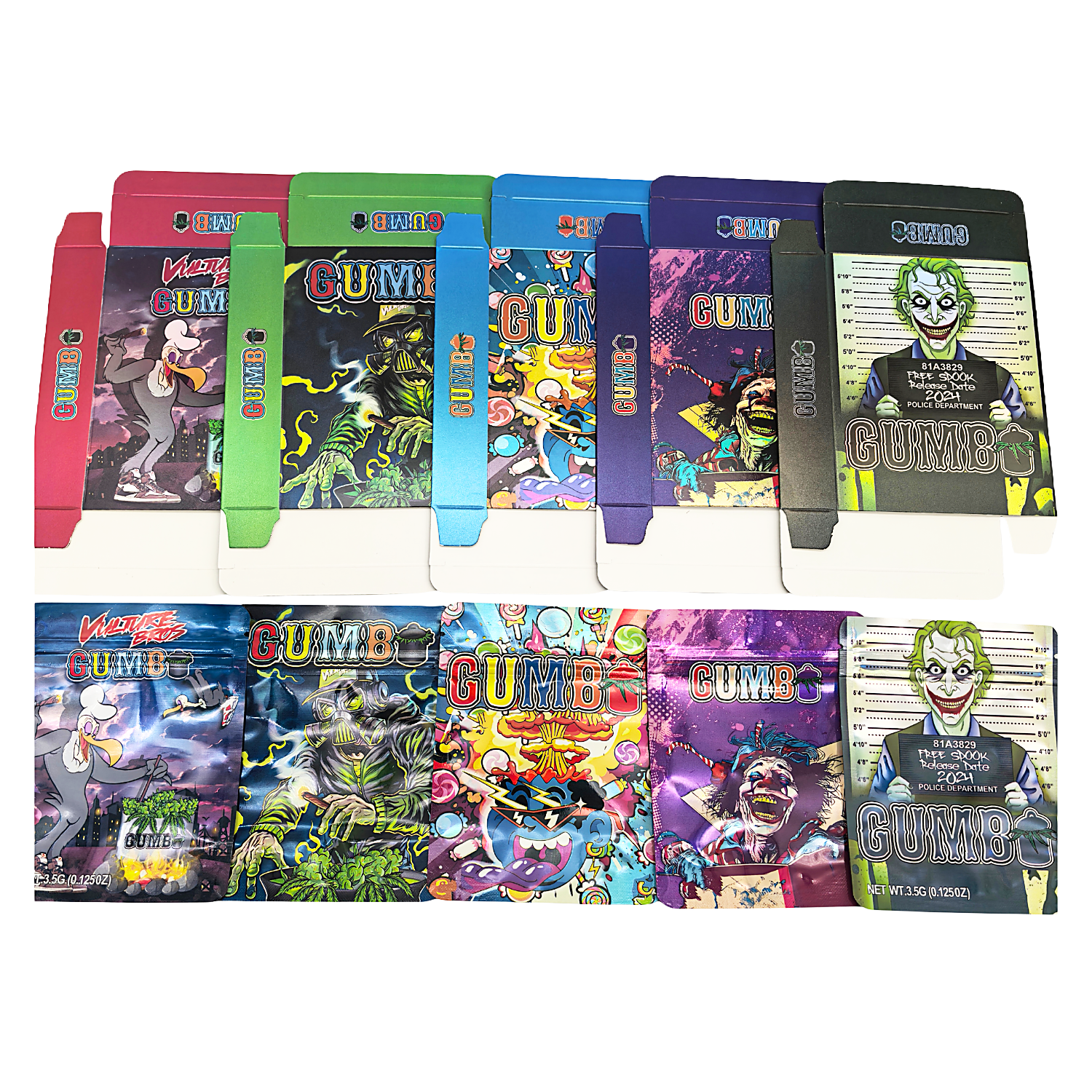 25 Pack – 3.5g Shaped Mylar Bags & Boxes Set (5 Design Mix) Gumbo Styles 3 – BNBM-GUMBO3