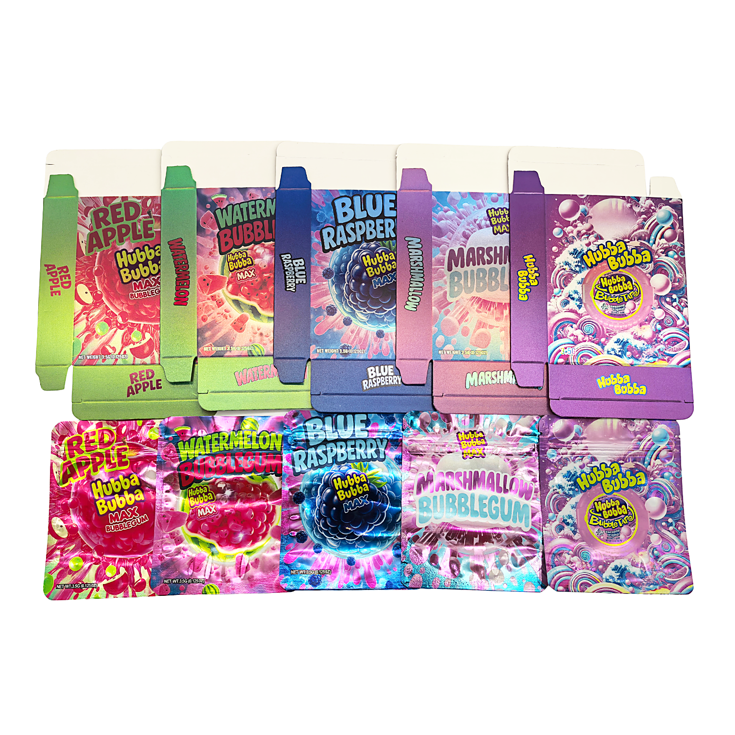 25 Pack – 3.5g Shaped Mylar Bags & Boxes Set (5 Design Mix) Hubba Bubba Gum Flavor – BNBM-HUBBA