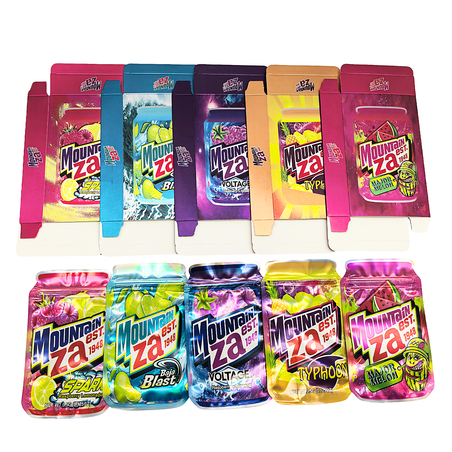 25 Pack – 3.5g Shaped Mylar Bags & Boxes Set (5 Design Mix) Mountain Za Sodas – BNBM-MZA