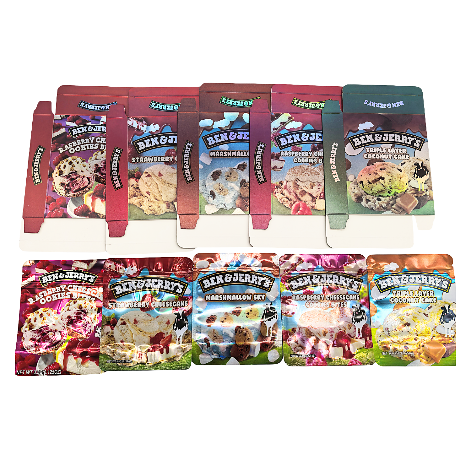 25 Pack – 3.5g Shaped Mylar Bags & Boxes Set (5 Design Mix) Ben & Jerry’s Ice Cream – BNBM-N