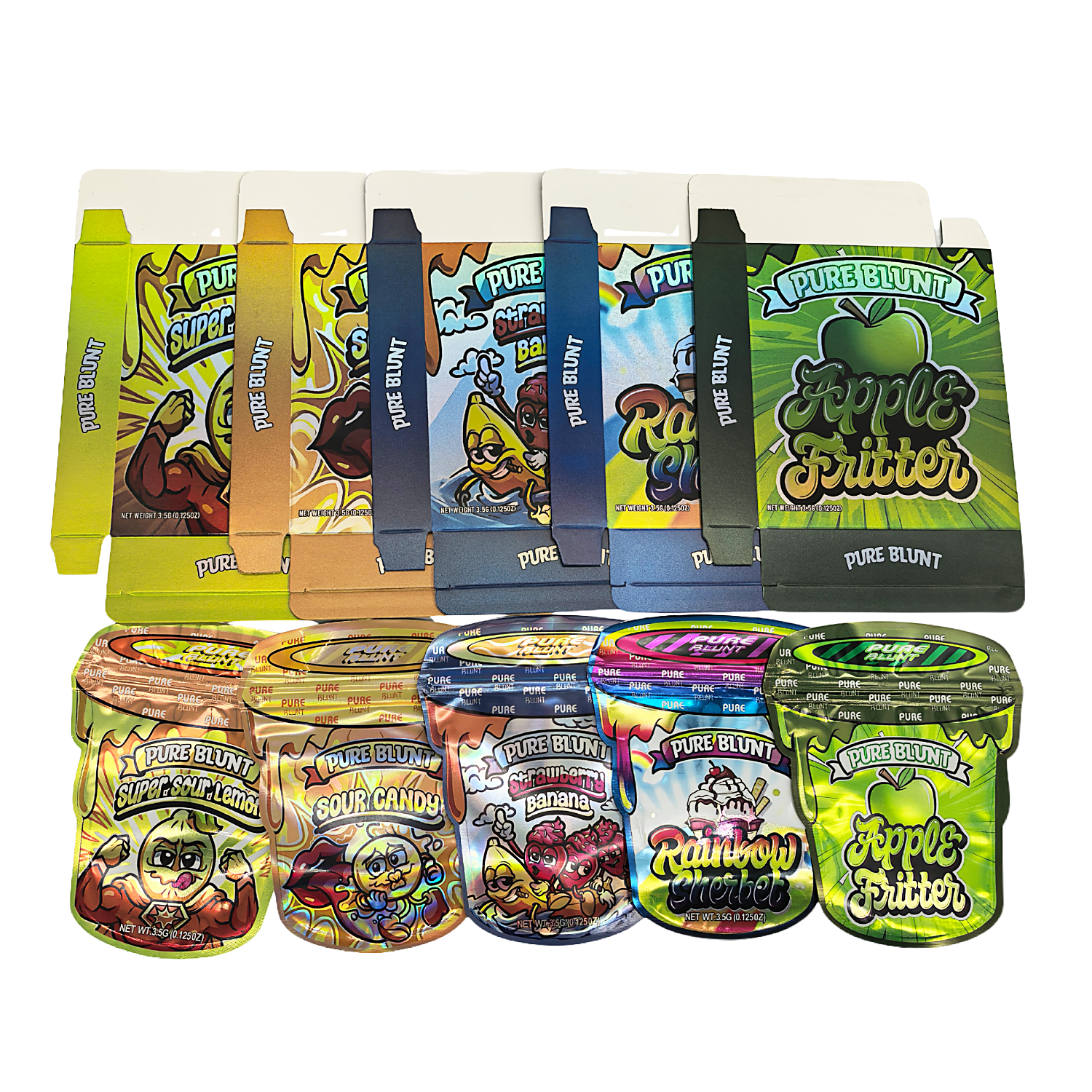 25 Pack – 3.5g Shaped Mylar Bags & Boxes Set (5 Design Mix) Pure Blunt Flavors – BNBM-PB1