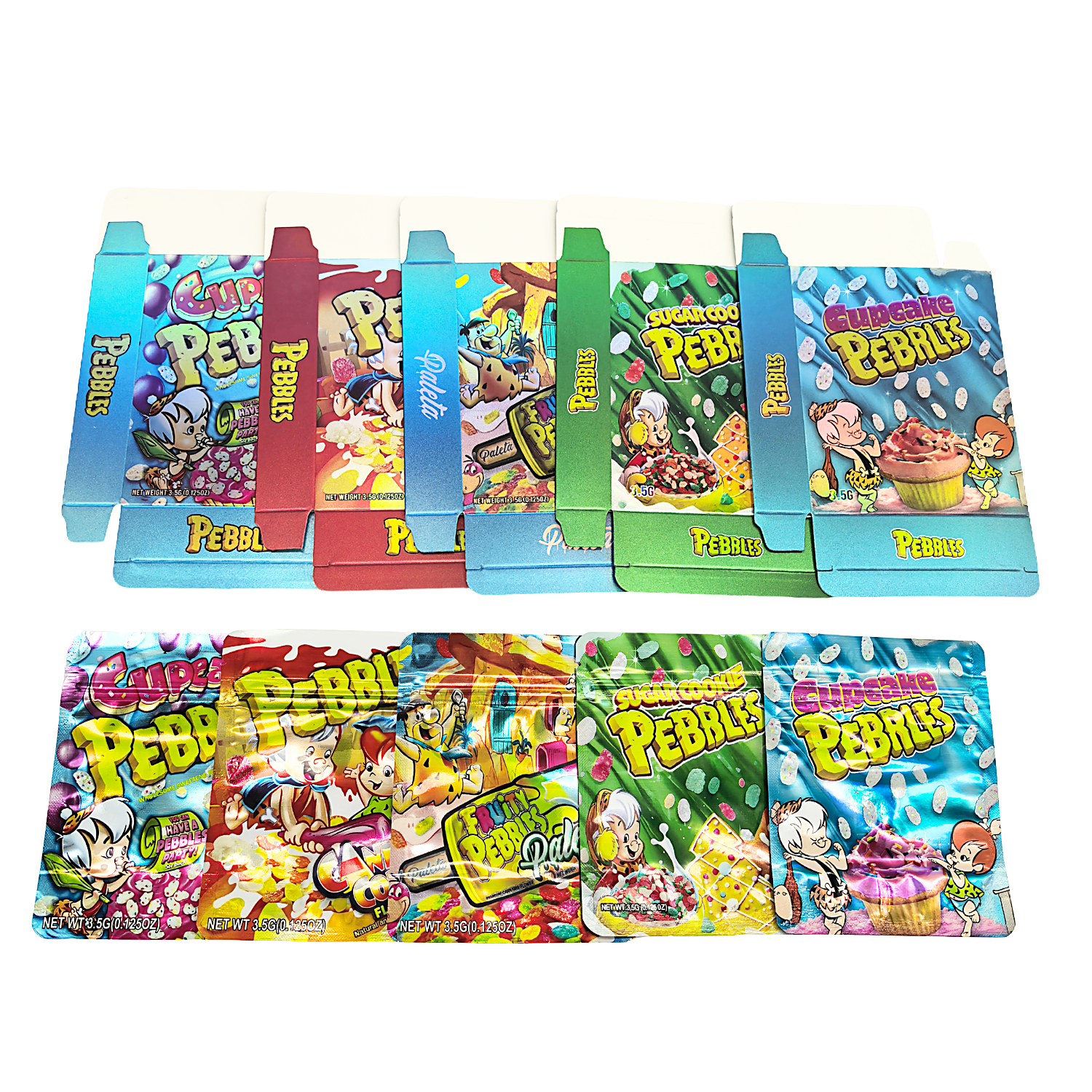 25 Pack – 3.5g Shaped Mylar Bags & Boxes Set (5 Design Mix) Pebbles Flintstones Style – BNBM-PEBBLES