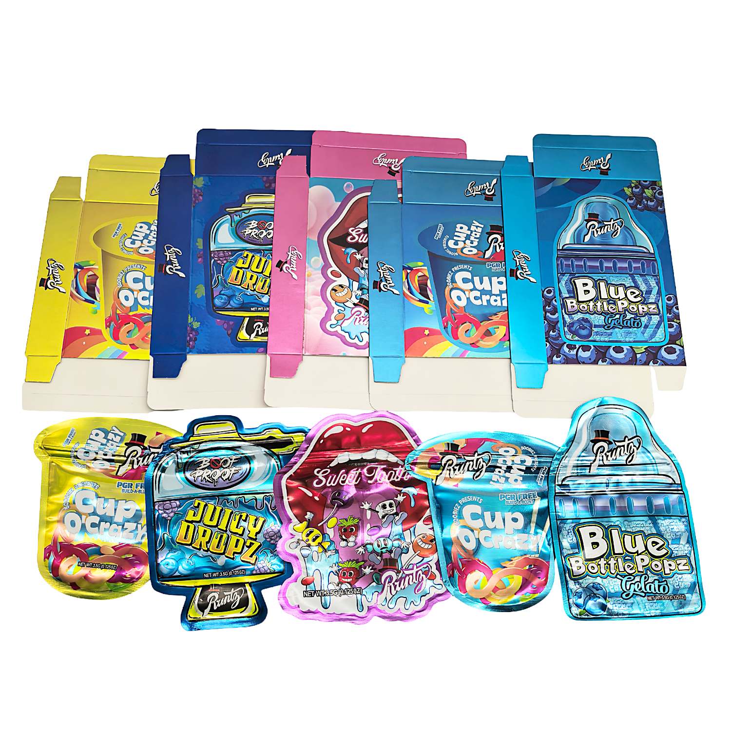 25 Pack – 3.5g Shaped Mylar Bags & Boxes Set (5 Design Mix) Runtz Styles 1 – BNBM-RUNTZ1