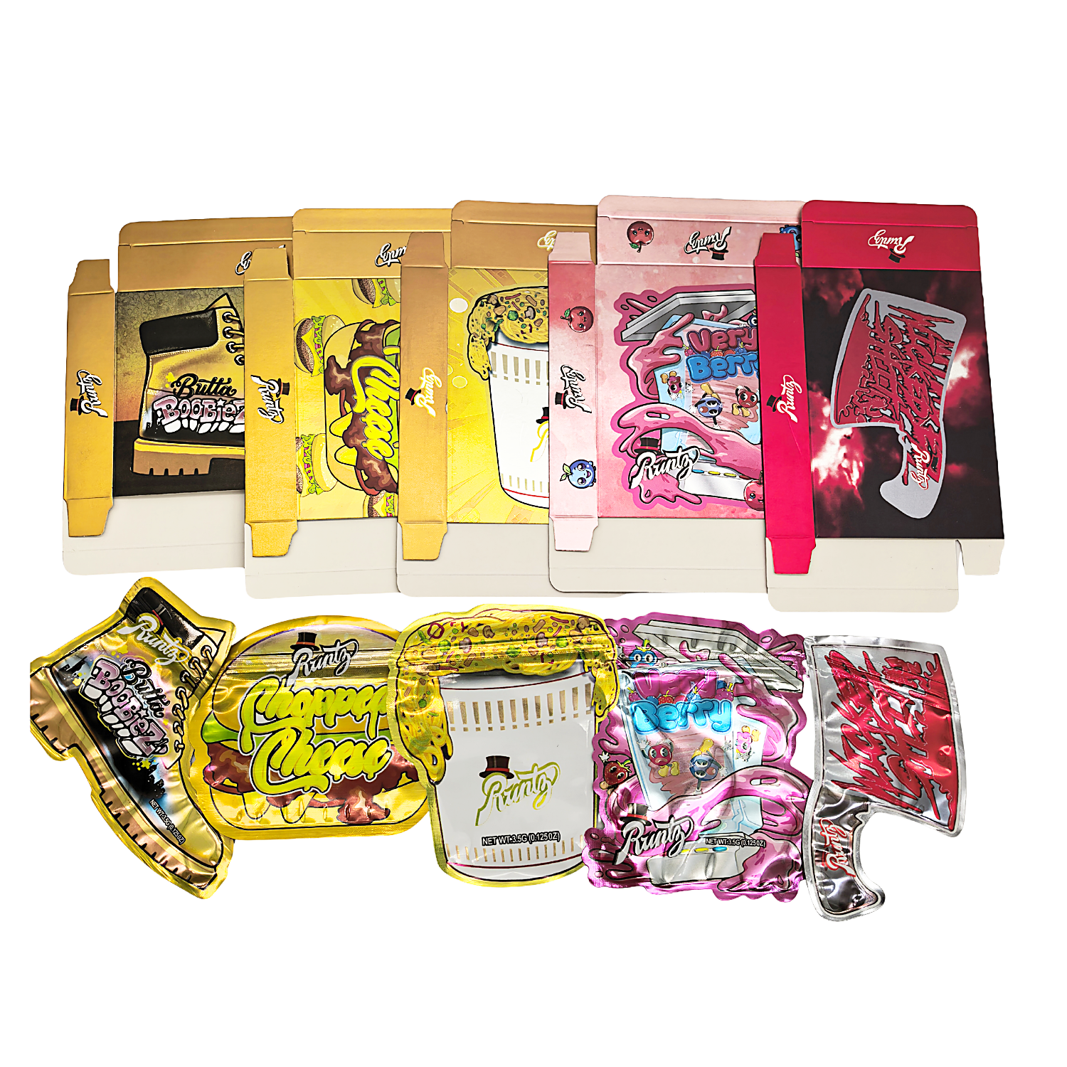 25 Pack – 3.5g Shaped Mylar Bags & Boxes Set (5 Design Mix) Runtz Styles 2 – BNBM-RUNTZ2
