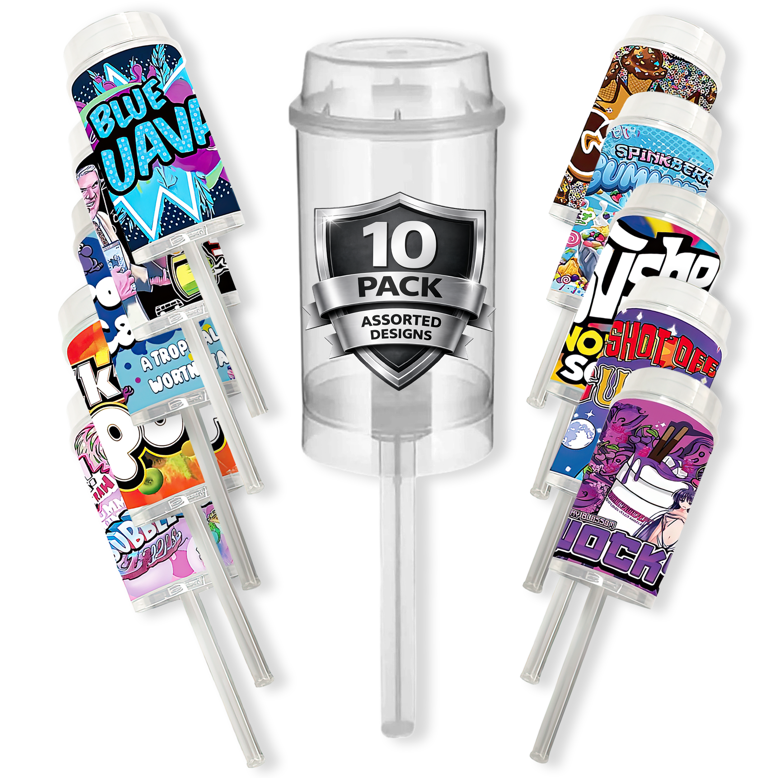 10 Pack - 3.5g Push-Up Jars with Decorative Wrap Labels - Assorted Styles - M10MPUC - Image 2