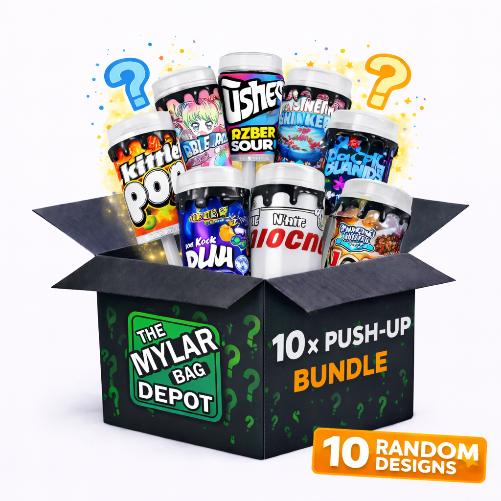 10 Pack - 3.5g Push-Up Jars with Decorative Wrap Labels - Assorted Styles - M10MPUC