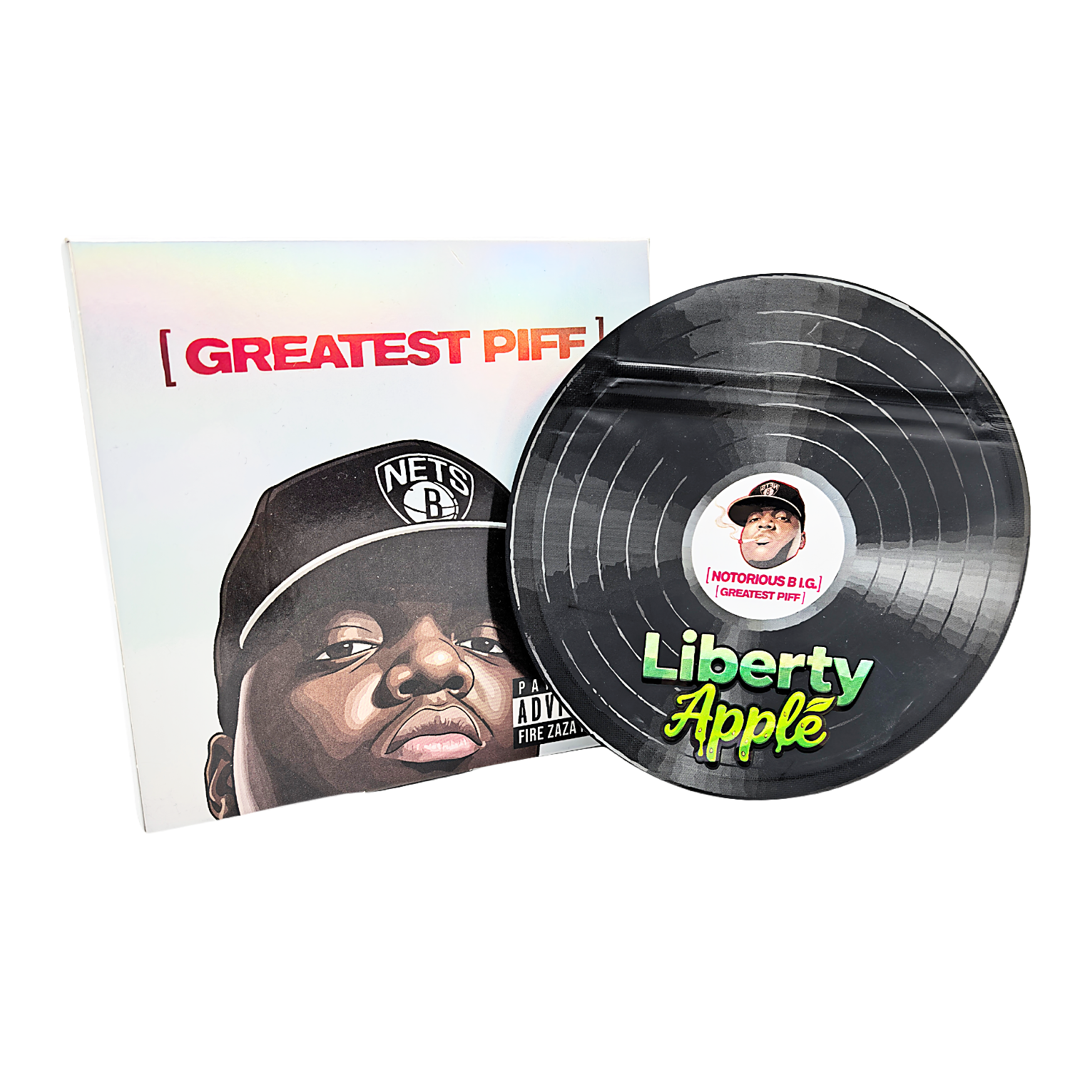 12 Pack – 3.5g Vinyl Record Style Mylar Bags with Matching Boxes – Liberty Apple – VR-BNB-003